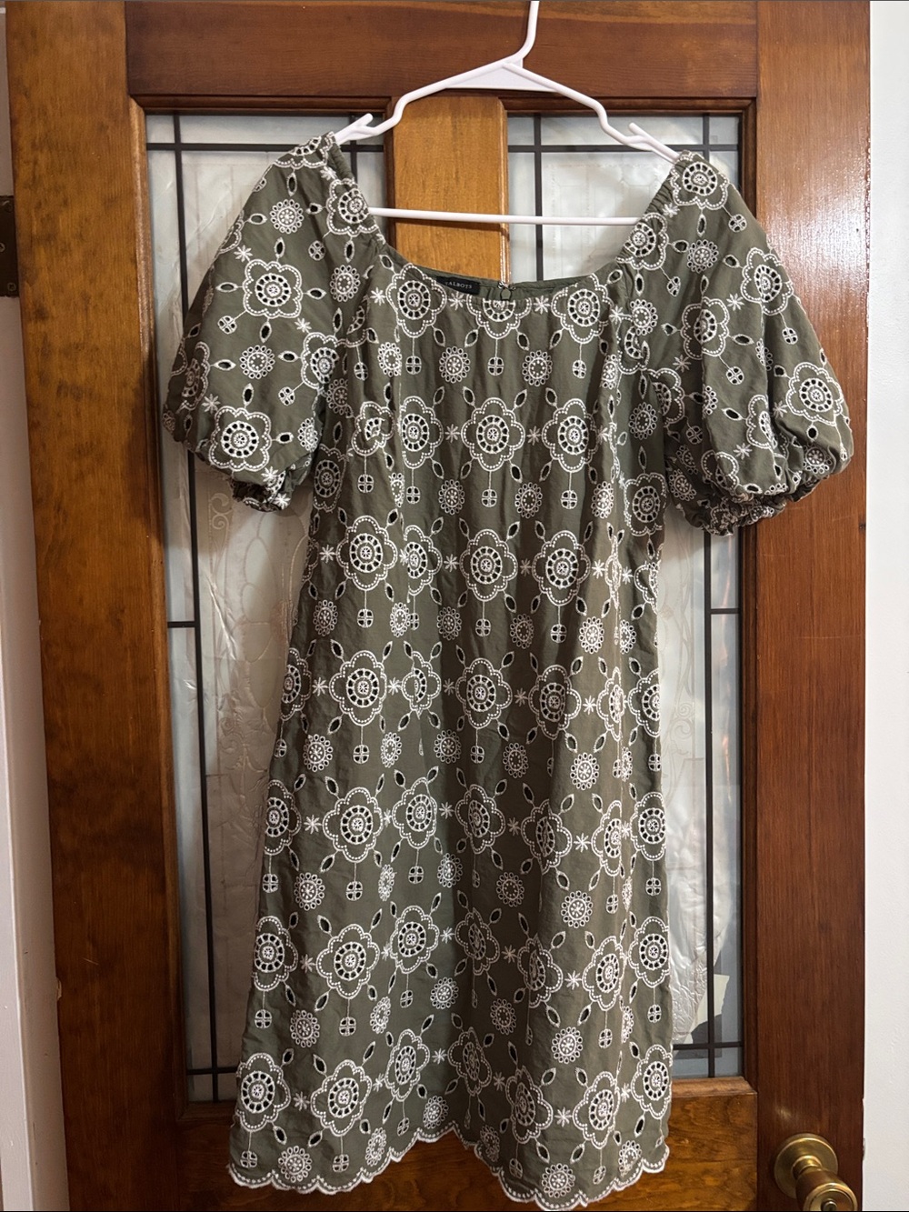 Talbots | Dresses | Talbots Olive Green Puff Sleeve Eyelet Dress